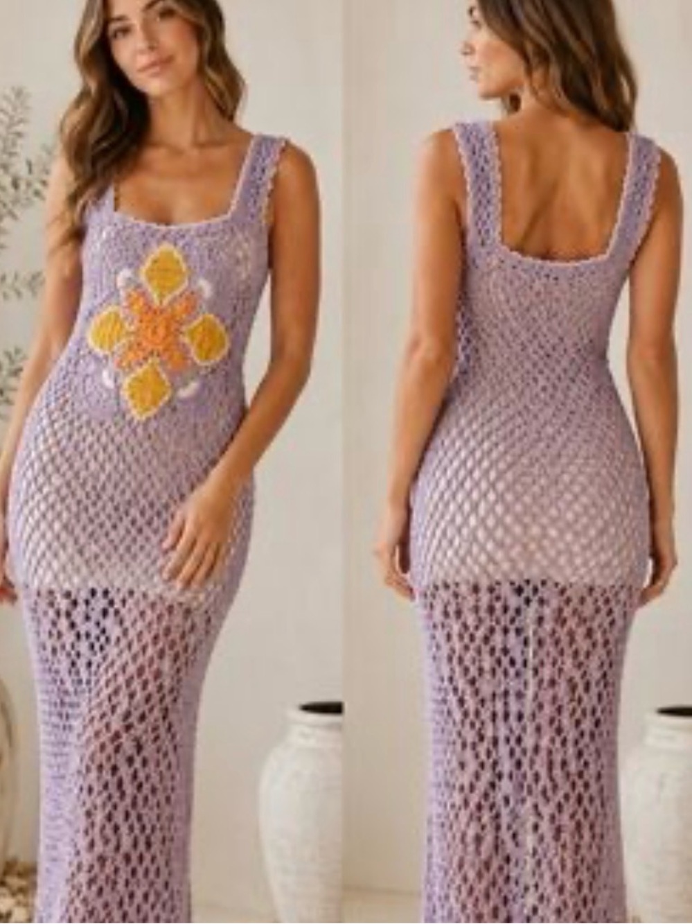 Kimchi Blue Lavender Crochet Maxi Swim Coverup with Yellow & Orange Flower